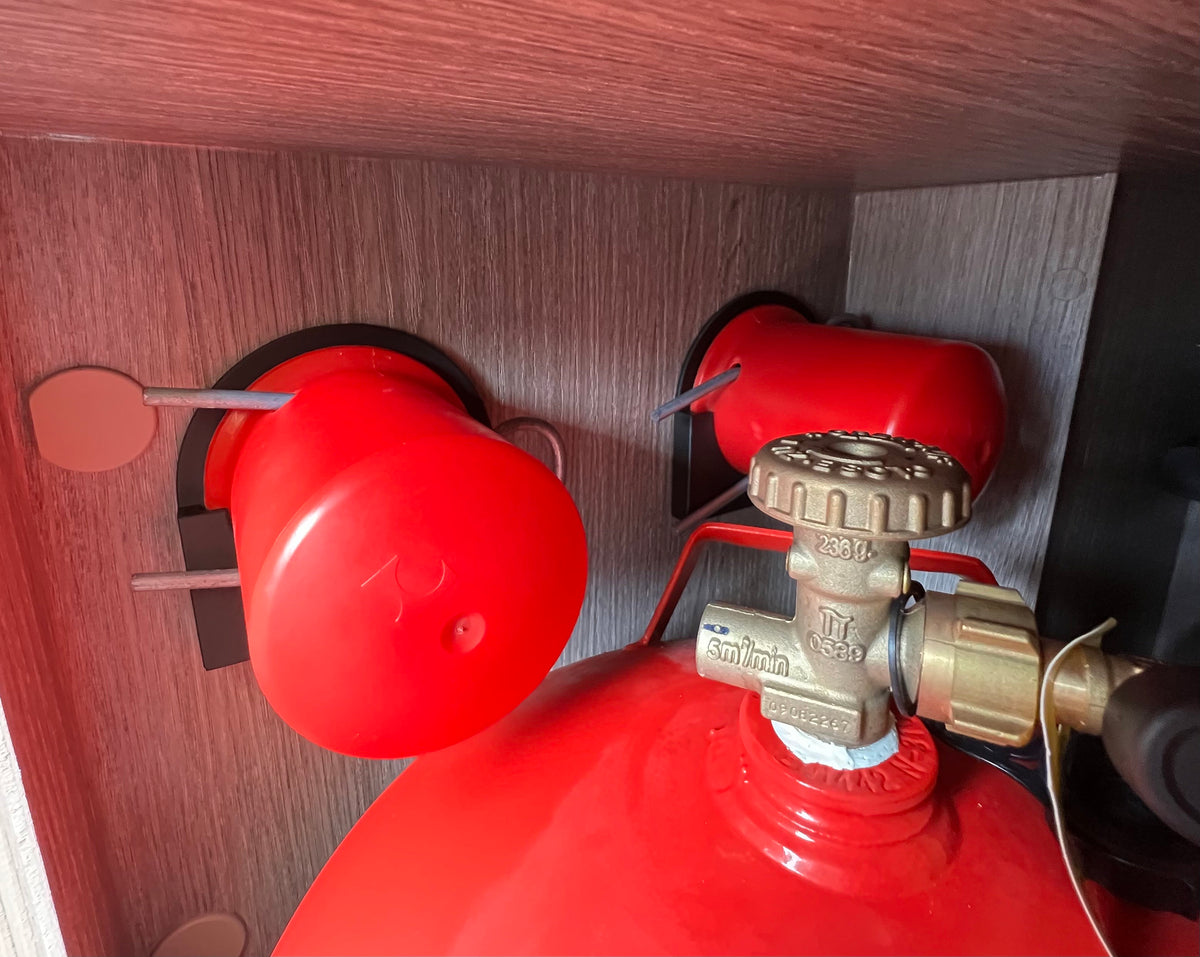 2x Halterung für Schutzkappen von Gasflaschen für Camper / Caravan / Wohnmobile *ohne Bohren* Gaskappenhalter