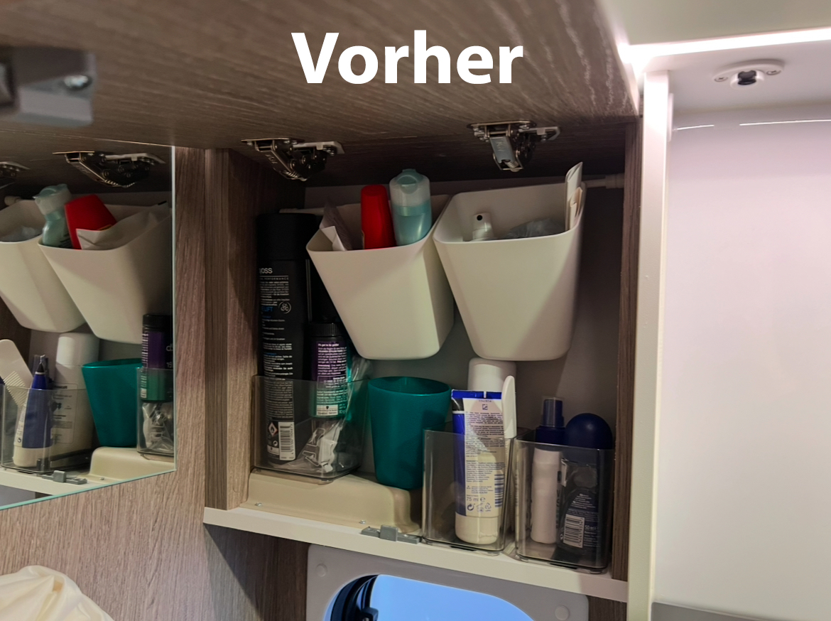 Man sieht wie Chaotisch es vorher in meinem Badezimmerschrank im Wohnmobil aussah. 